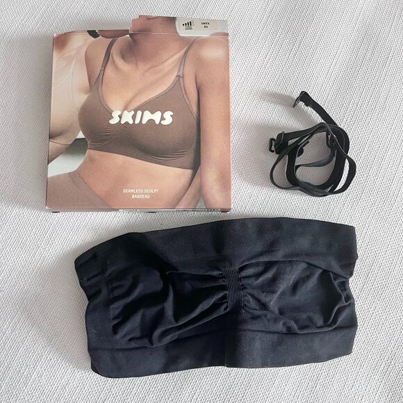 Skims Seamless Sculpt Bandeau Bra Top XS Black Strapless Removable Straps - Picture 4 of 6